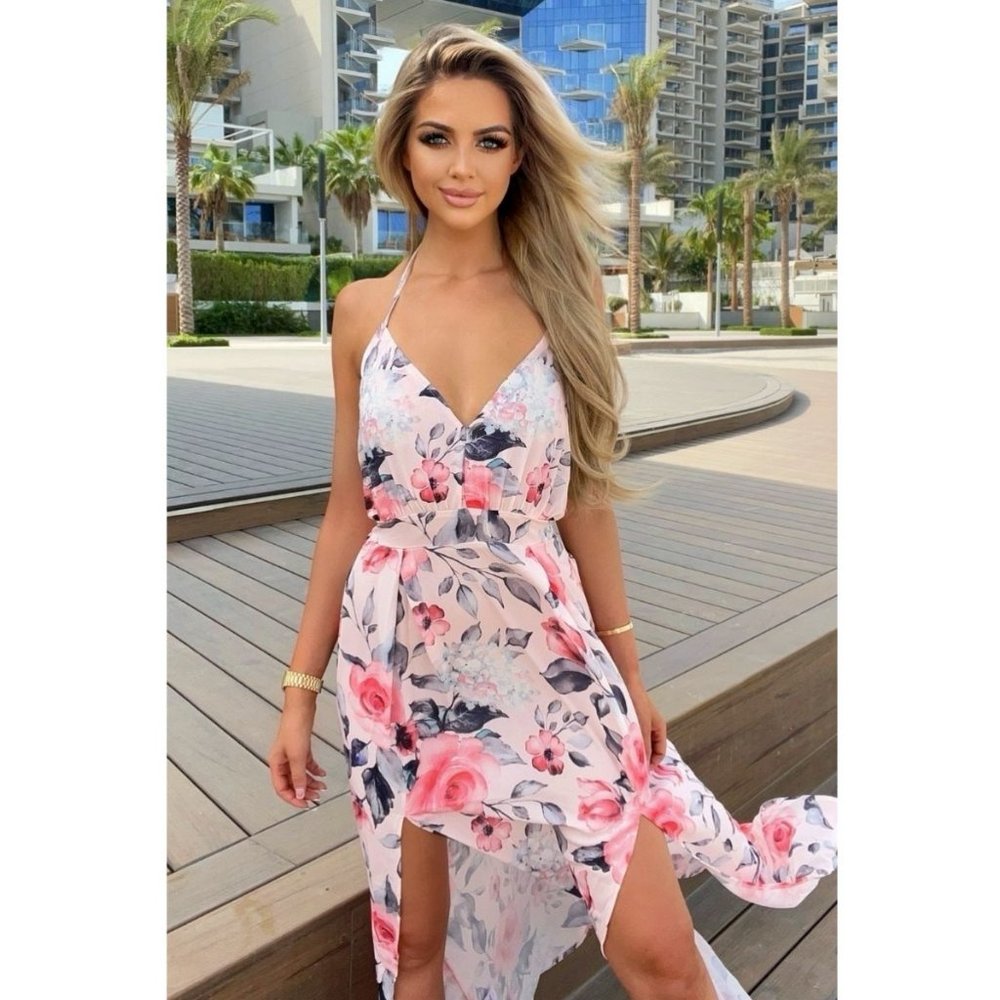 Pink Floral Print Sleeveless Halter Neck V-Neck Backless Front Slit Maxi Dress - Picture 7 of 8